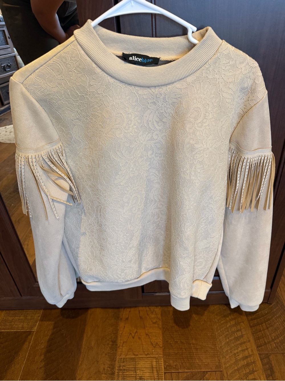 Alice Blue Beige Lace Fringe Crewneck Sweatshirt